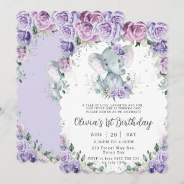 Invitación Dulce Elefante Adorable Floral Morado