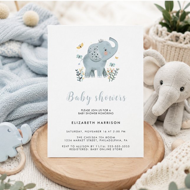 Invitación Dulce Elefante Azul Fiesta de Baby Shower para Niñ (Adorable Elephant Blue Baby Boy Shower Invitation)