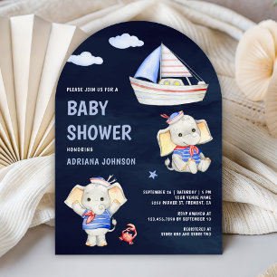 Invitación Dulce Elefante Barco Náutico Azul Marino Baby Show