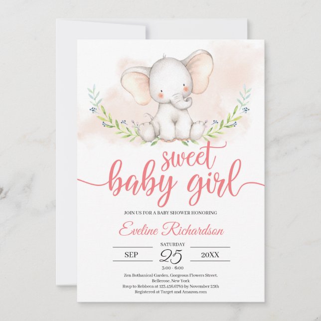 Invitación Dulce elefante de bebé y ducha de bebé verde (Anverso)