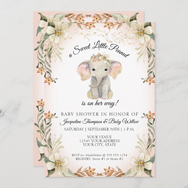 Invitación Dulce elefante de cacahuete floral Baby Shower (Anverso / Reverso)