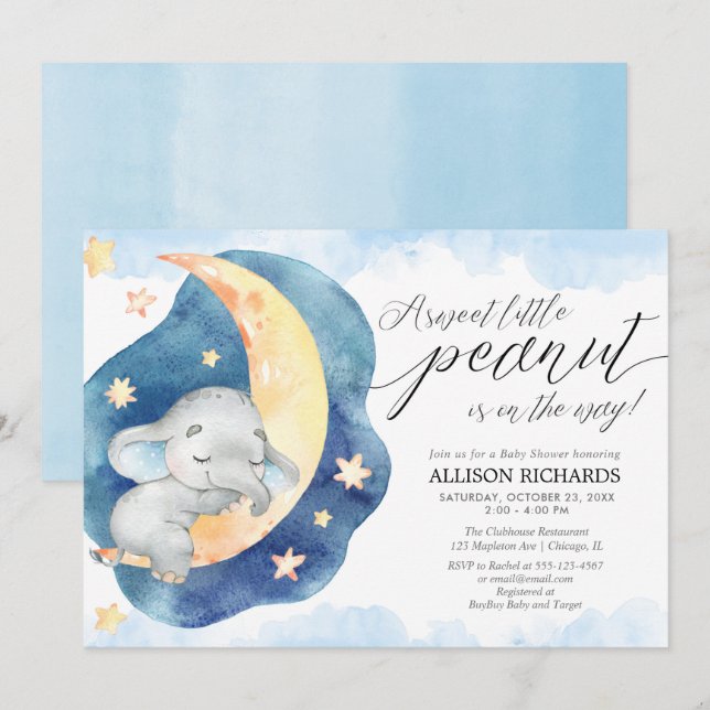Invitación Dulce elefante de cacahuete luna niño bebé ducha (Anverso / Reverso)