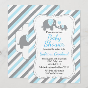 Invitación Dulce Elefante de Rayas Azules y Grises Baby Showe