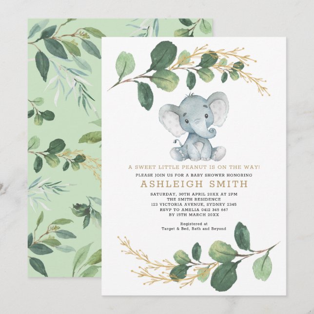 Invitación Dulce elefante de verde cacahuete Baby Shower (Anverso / Reverso)