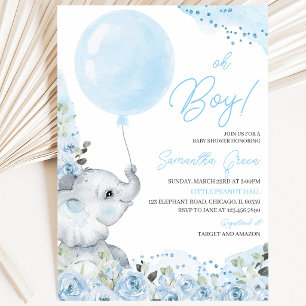Invitación Dulce Elefante Floral Azul Es un Niño Baby Shower