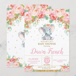 Invitación Dulce Elefante Floral Rosa Baby Shower Niña
