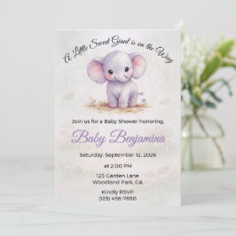 Invitación Dulce Elefante Morado Niña Baby Shower