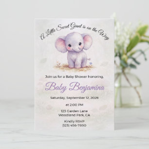 Invitación Dulce Elefante Morado Niña Baby Shower