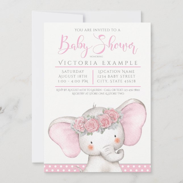 Invitación Dulce Elefante Niña Rosa Baby Shower (Anverso)