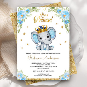 Invitación Dulce Elefante Príncipe Floral Baby Shower