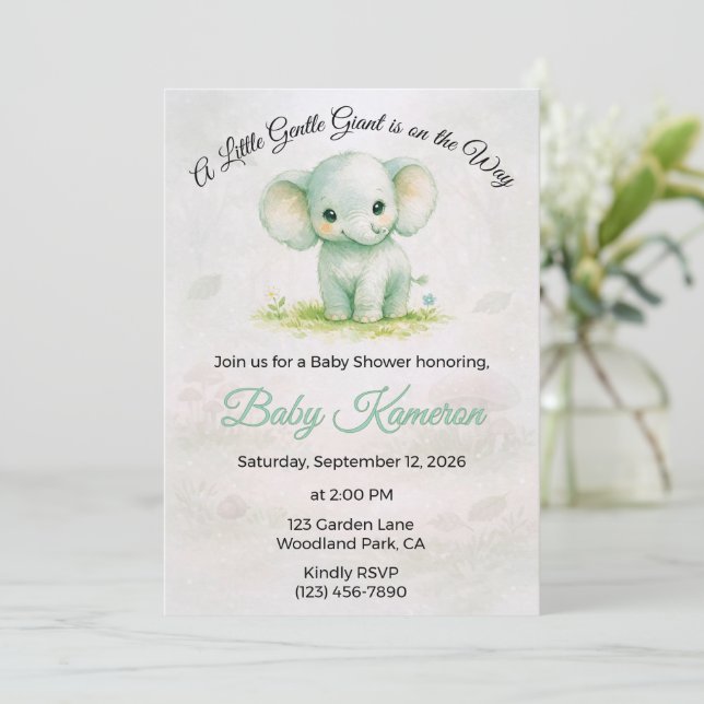 Invitación Dulce Elefante Verde Neutral Baby Shower (Anverso de pie)