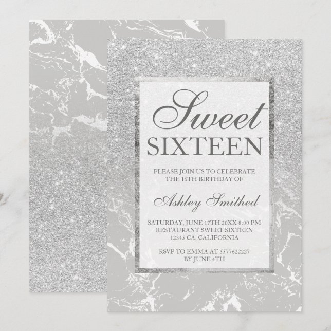 Invitación Dulce elegante elegante 16 del purpurina de mármol (Anverso / Reverso)