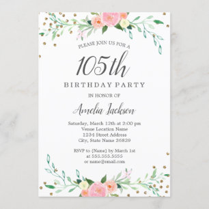 Invitación Dulce espuma floral Confetti 105ª fiesta de cumple