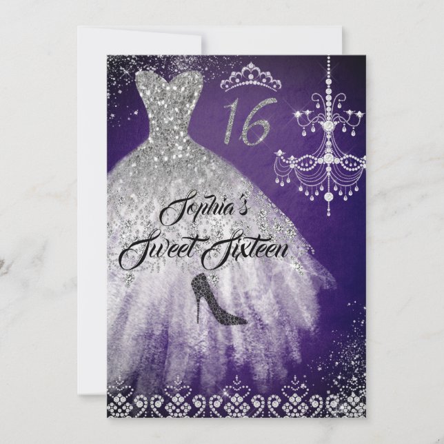 Invitación Dulce espumoso Diamante Vestido Morado Plata Dulce (Anverso)