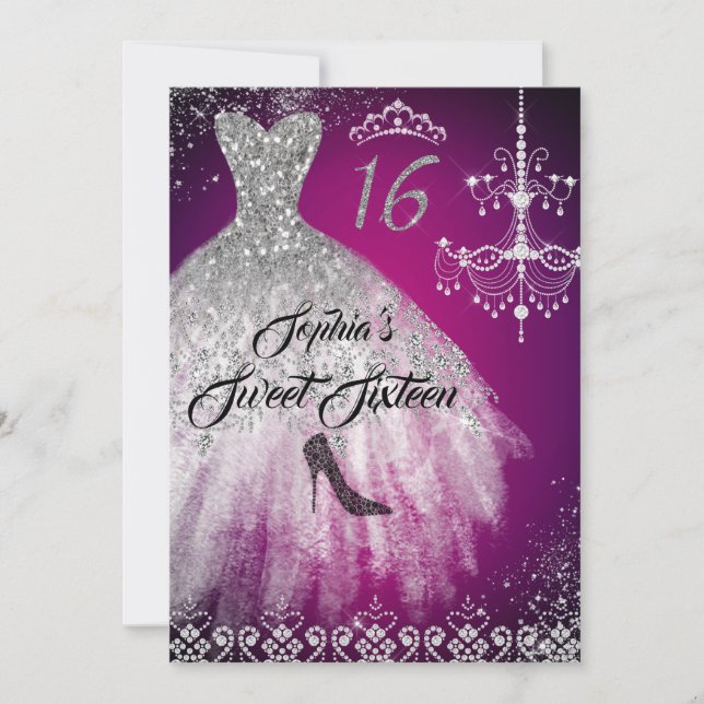 Invitación Dulce espumoso Diamante Vestido rosa Plata 16 (Anverso)