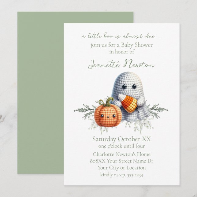 Invitación Dulce Fantasma de Ganchillo para Baby Shower de Ha (Anverso / Reverso)