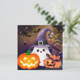 Invitación Dulce Fantasma de Halloween con Sombrero de Bruja