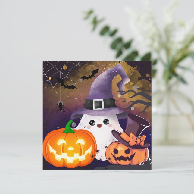 Invitación Dulce Fantasma de Halloween con Sombrero de Bruja  (Anverso de pie)