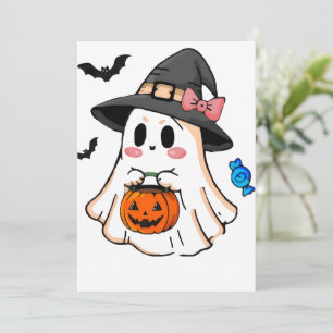 Invitación Dulce fantasma Kawaii de Halloween con sombrero de