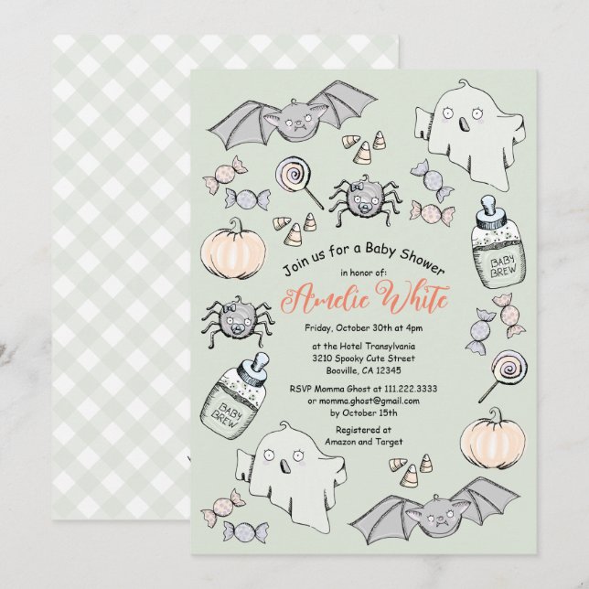 Invitación Dulce Fantasma, Murciélago y Araña Cumpleaños de H (Anverso / Reverso)