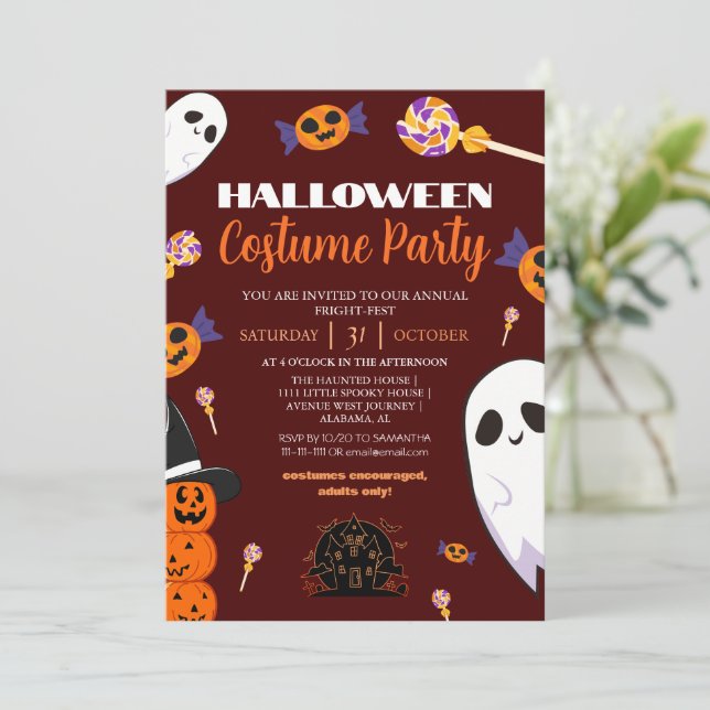 Invitación Dulce Fantasma y Fiesta de Disfraces de Halloween  (Anverso de pie)