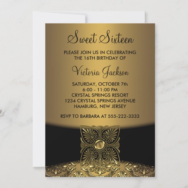 Invitación Dulce Fiesta Black Damask Gold Classy (Anverso)
