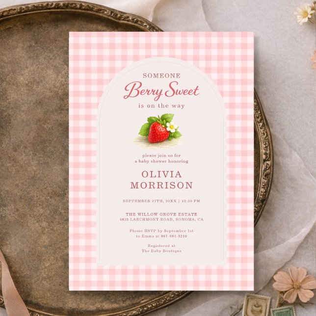 Invitación Dulce Fiesta de Baby Shower de Fresa a Cuadros (Subido por el creador)