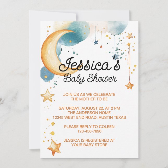 Invitación Dulce Fiesta de Baby Shower Luna (Anverso)