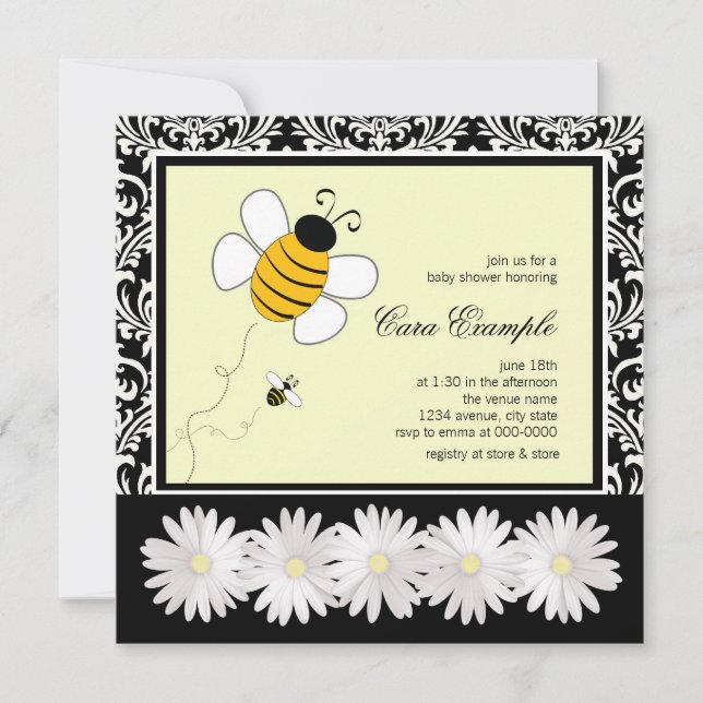 Invitación Dulce fiesta de bebé abeja bumble negra y amarilla (Anverso)
