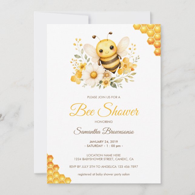 Invitación Dulce Fiesta de Bebé Abeja de Miel (Anverso)