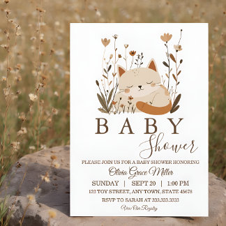 Invitación Dulce Fiesta de Bebé Bohemio Floral con Gatito Dor