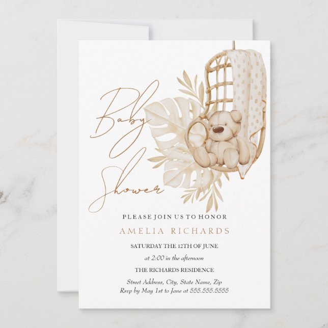 Invitación Dulce Fiesta de Bebé Boho Oso de Peluche Rubor (Anverso)