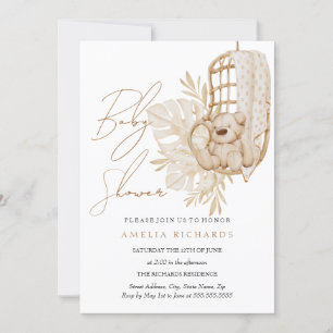 Invitación Dulce Fiesta de Bebé Boho Oso de Peluche Rubor