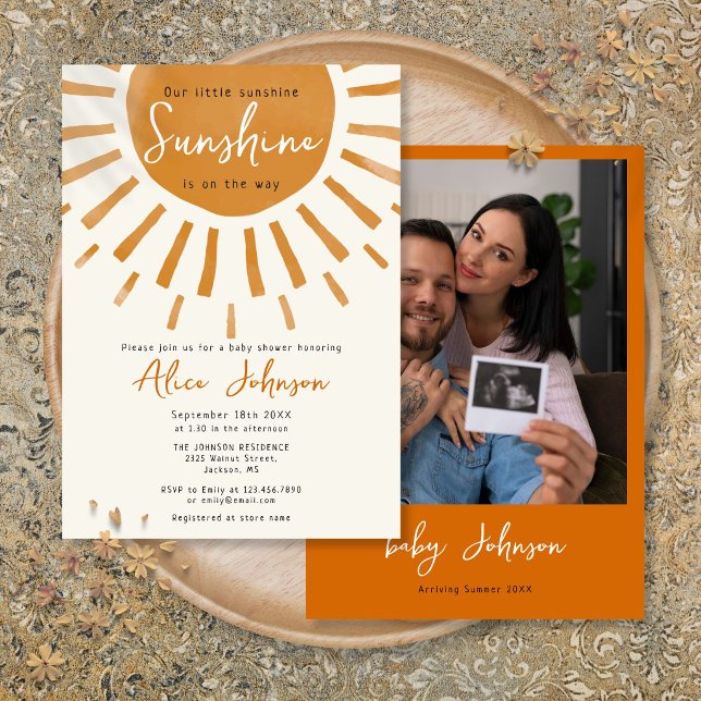 Invitación Dulce Fiesta de Bebé Boho Pequeño Sol Foto (Cute Little Sunshine Boho Photo Baby Shower Invitation)
