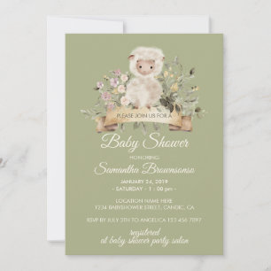 Invitación Dulce Fiesta de Bebé Botánico de Oveja Cute Sage