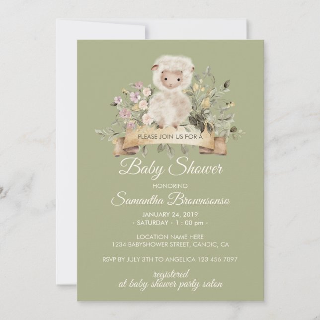 Invitación Dulce Fiesta de Bebé Botánico de Oveja Cute Sage (Anverso)