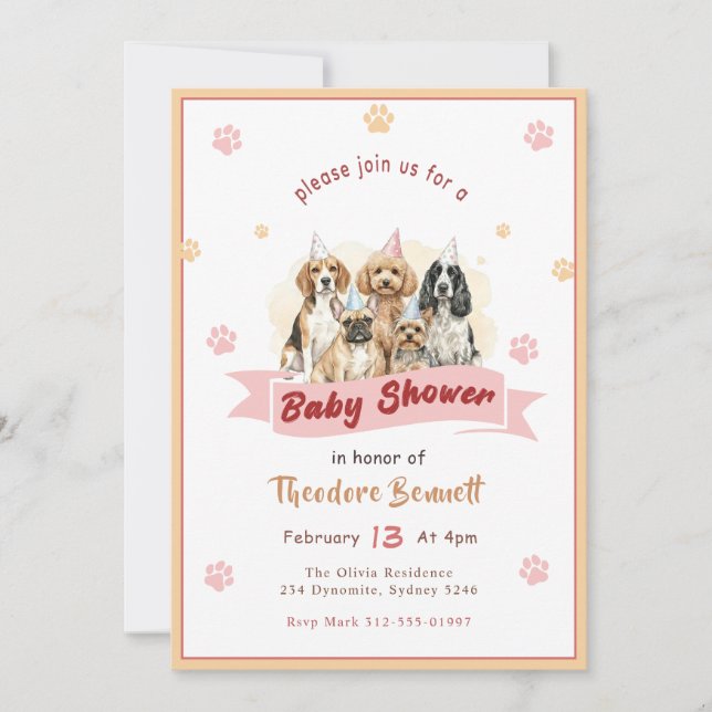 Invitación Dulce Fiesta de Bebé con Cachorro de Acuarela (Anverso)