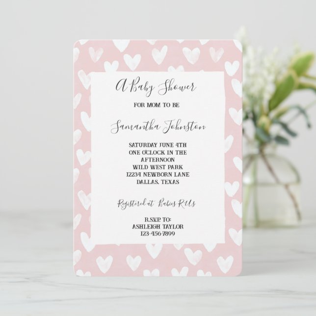 Invitación Dulce Fiesta de Bebé Corazones Rosas Blancos (Anverso de pie)