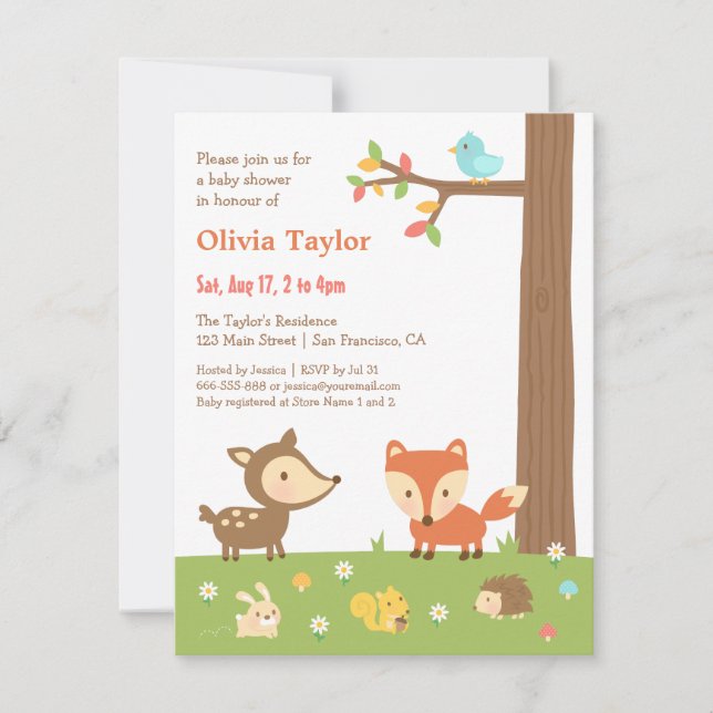 Invitación Dulce Fiesta de Bebé de Animales del Bosque (Anverso)
