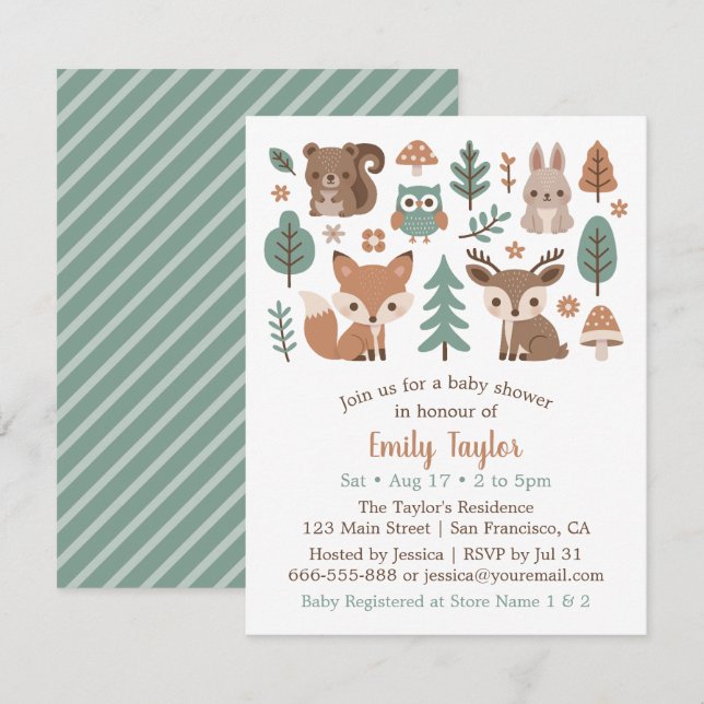 Invitación Dulce fiesta de bebé de animales del bosque rústic (Anverso / Reverso)