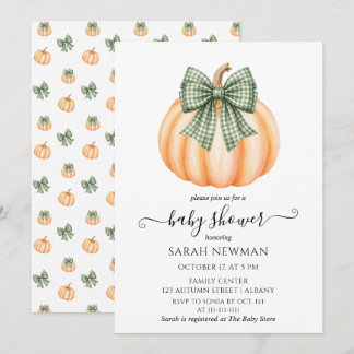 Invitación Dulce fiesta de bebé de calabaza naranja y lazo de