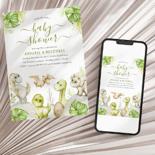 Invitación Dulce Fiesta de Bebé de Dinosaurio con Acuarela