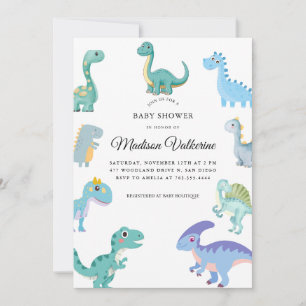 Invitación Dulce Fiesta de Bebé de Dinosaurio con Estilo Blan
