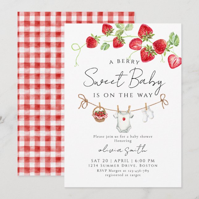 Invitación Dulce Fiesta de Bebé de Fresa  (Anverso / Reverso)