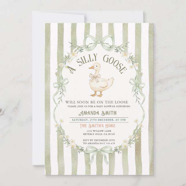 Invitación Dulce Fiesta de Bebé de Ganso Tonto Verde Rayas El (Anverso)