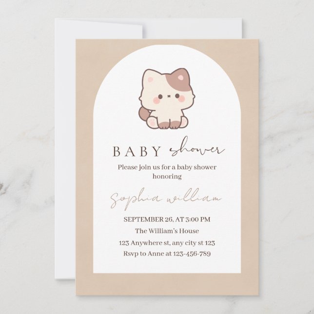 Invitación Dulce Fiesta de Bebé de Gatito Neutral (Anverso)