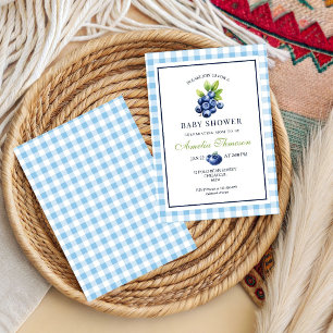 Invitación Dulce Fiesta de Bebé de Gingham Azul de Frutas