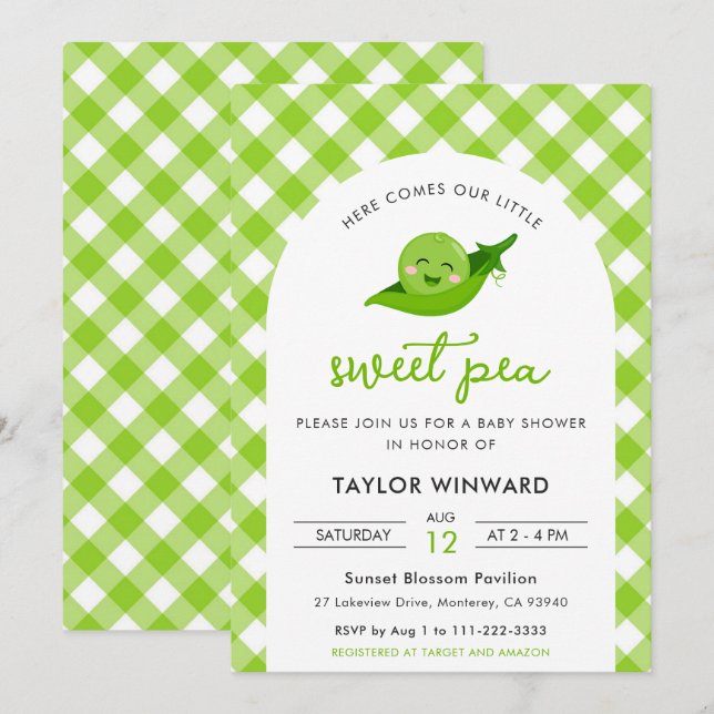 Invitación Dulce Fiesta de Bebé de Gingham Verde (Anverso / Reverso)