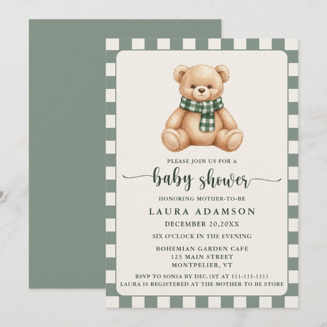 Invitación Dulce fiesta de bebé de invierno con osito de cuad (Anverso / Reverso)
