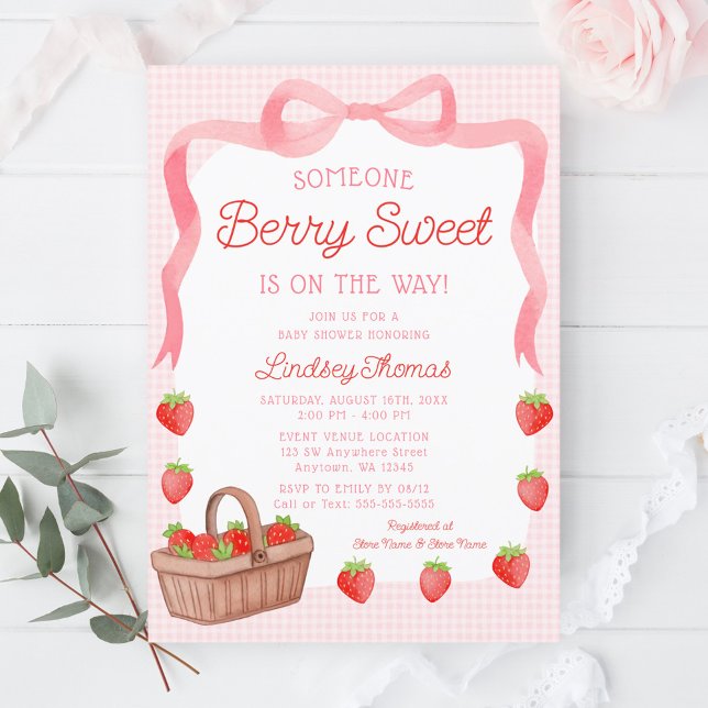 Invitación Dulce fiesta de bebé de niña con lazo de fresa (Subido por el creador)